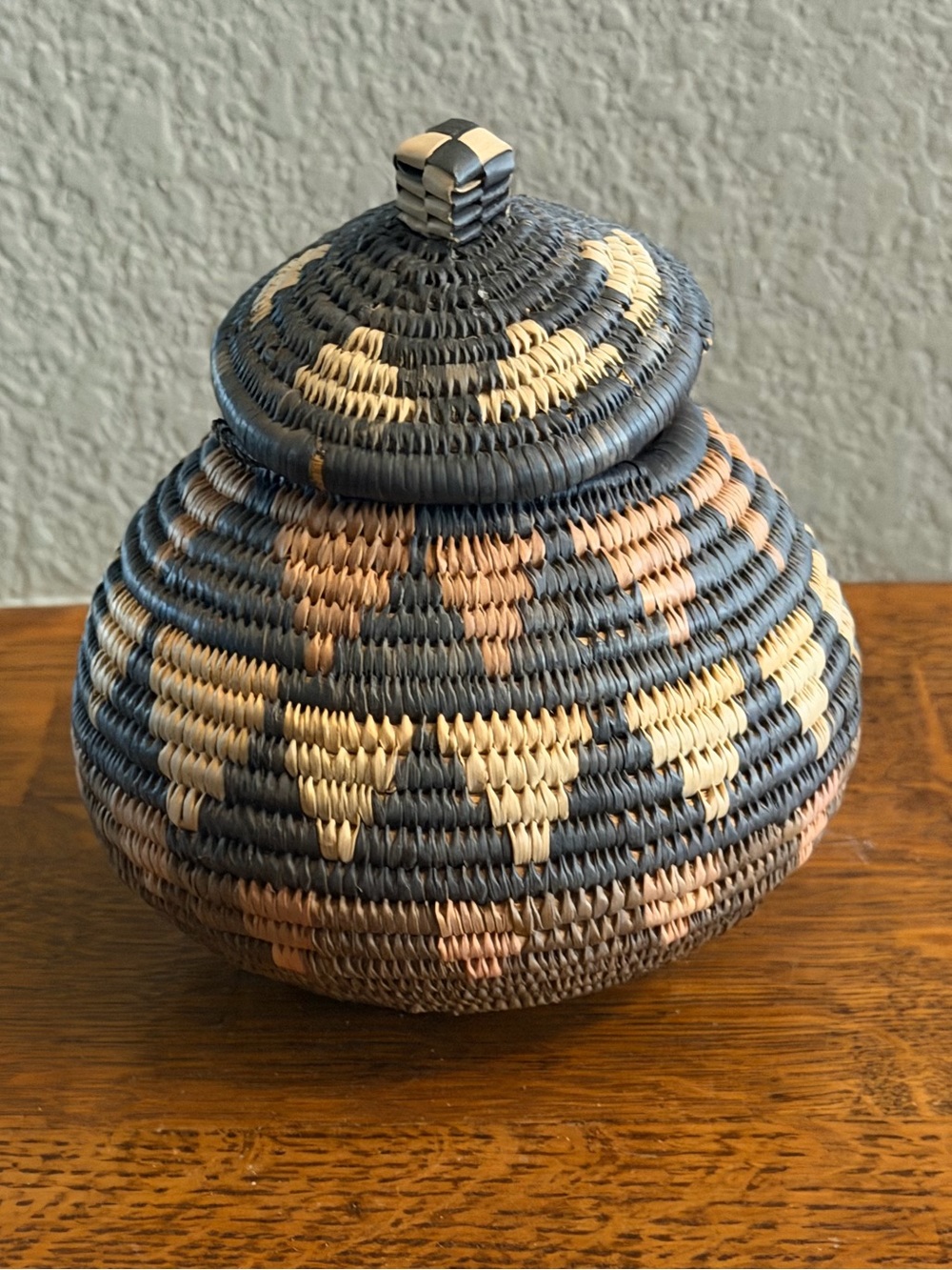 Vintage South African Zulu Style Lidded Woven Basket 5” Mini Folk Art